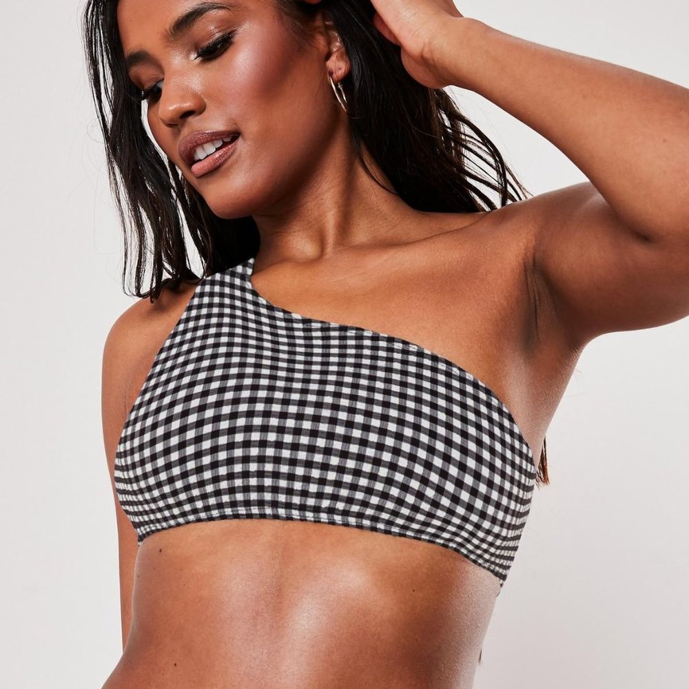 Misguided Black Gingham One Shoulder Bikini Top